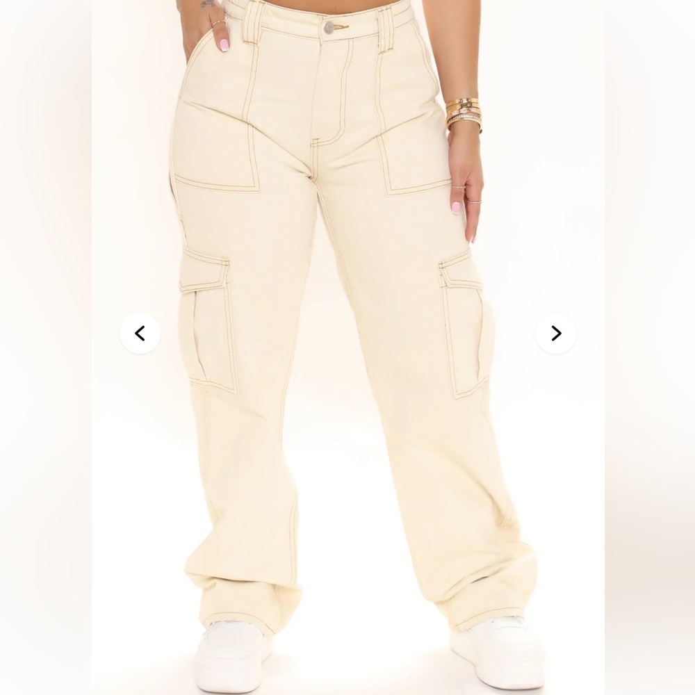 Cream Cargo Wide-Leg Pants - Women's Casual Utility Style•15